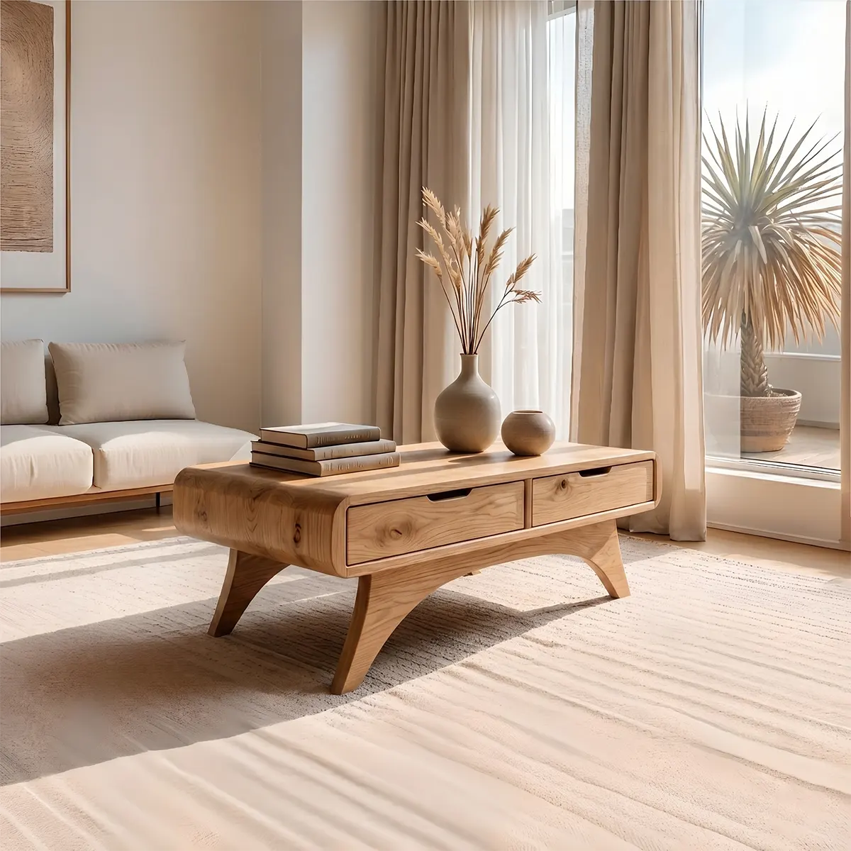 Mid Century Modern Solid Wood Coffee Table with Storage Drawers