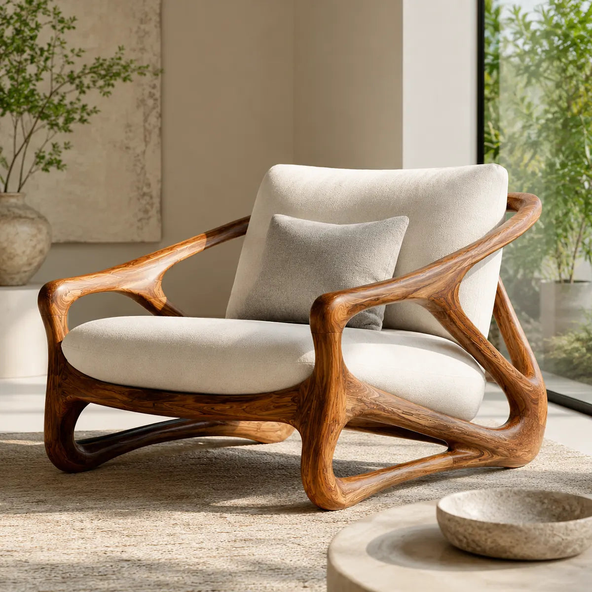 Organic Modern Solid Wood Lounge Chair | Sculptural Wooden Chair for Luxury Living Rooms TT006-5708