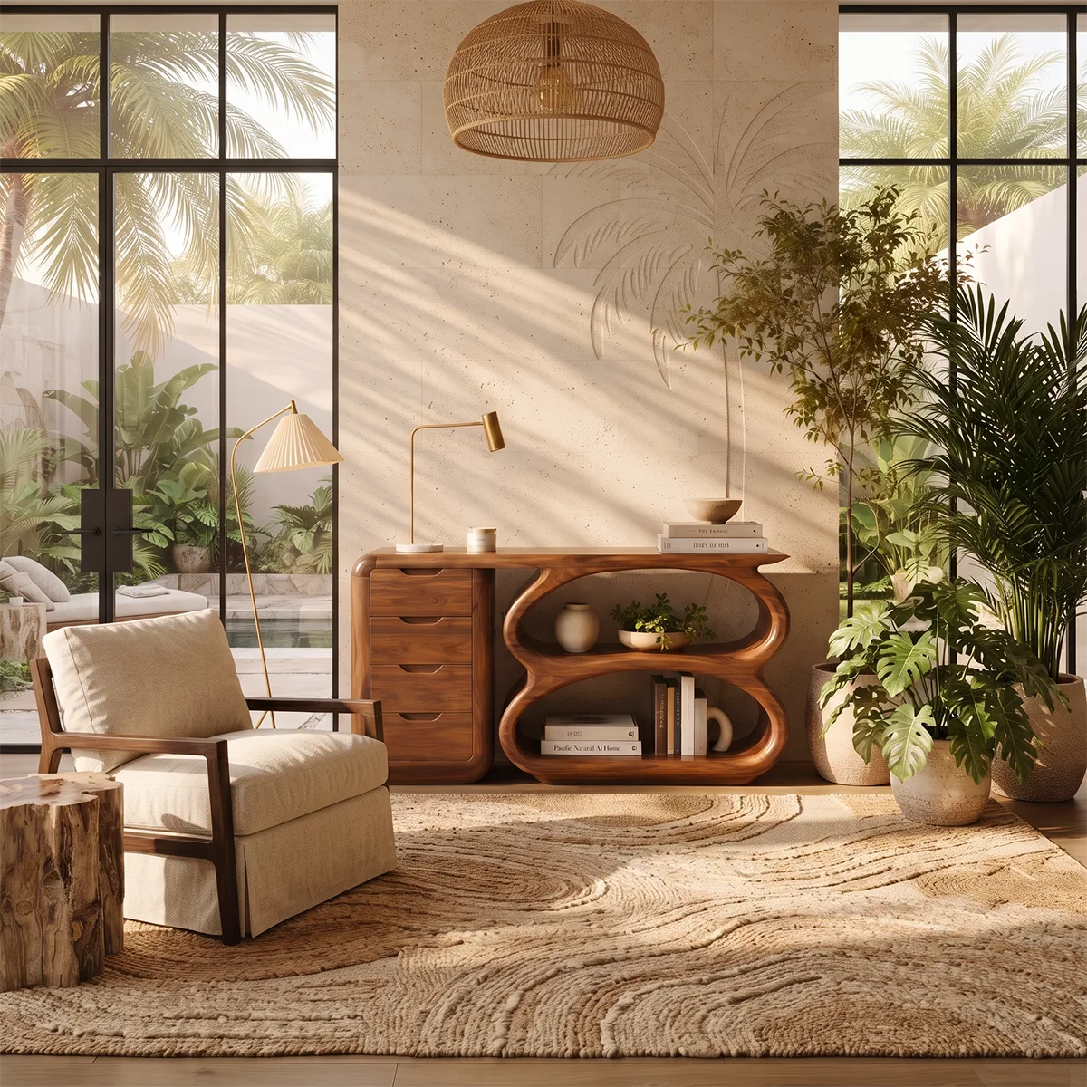 Modern Organic Storage Console Table with Drawers & Open Shelves | Solid Wood Entryway Console TT006-4338