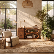 Modern Organic Storage Console Table with Drawers & Open Shelves | Solid Wood Entryway Console TT006-4338