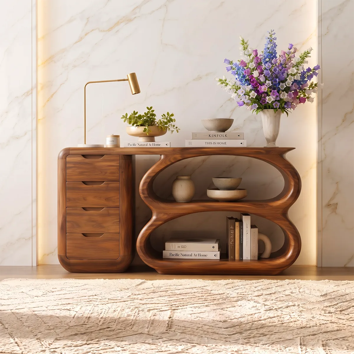 Modern Organic Storage Console Table with Drawers & Open Shelves | Solid Wood Entryway Console TT006-4338