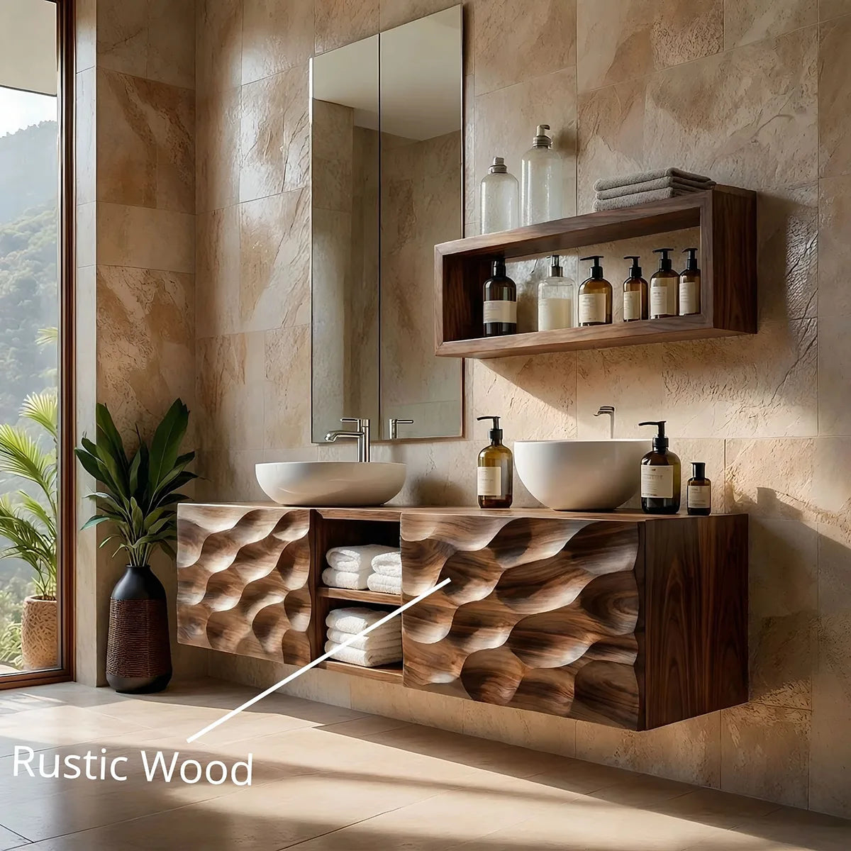 Floating Solid Wood Bathroom Vanity with Carved Doors and Open Center Shelf