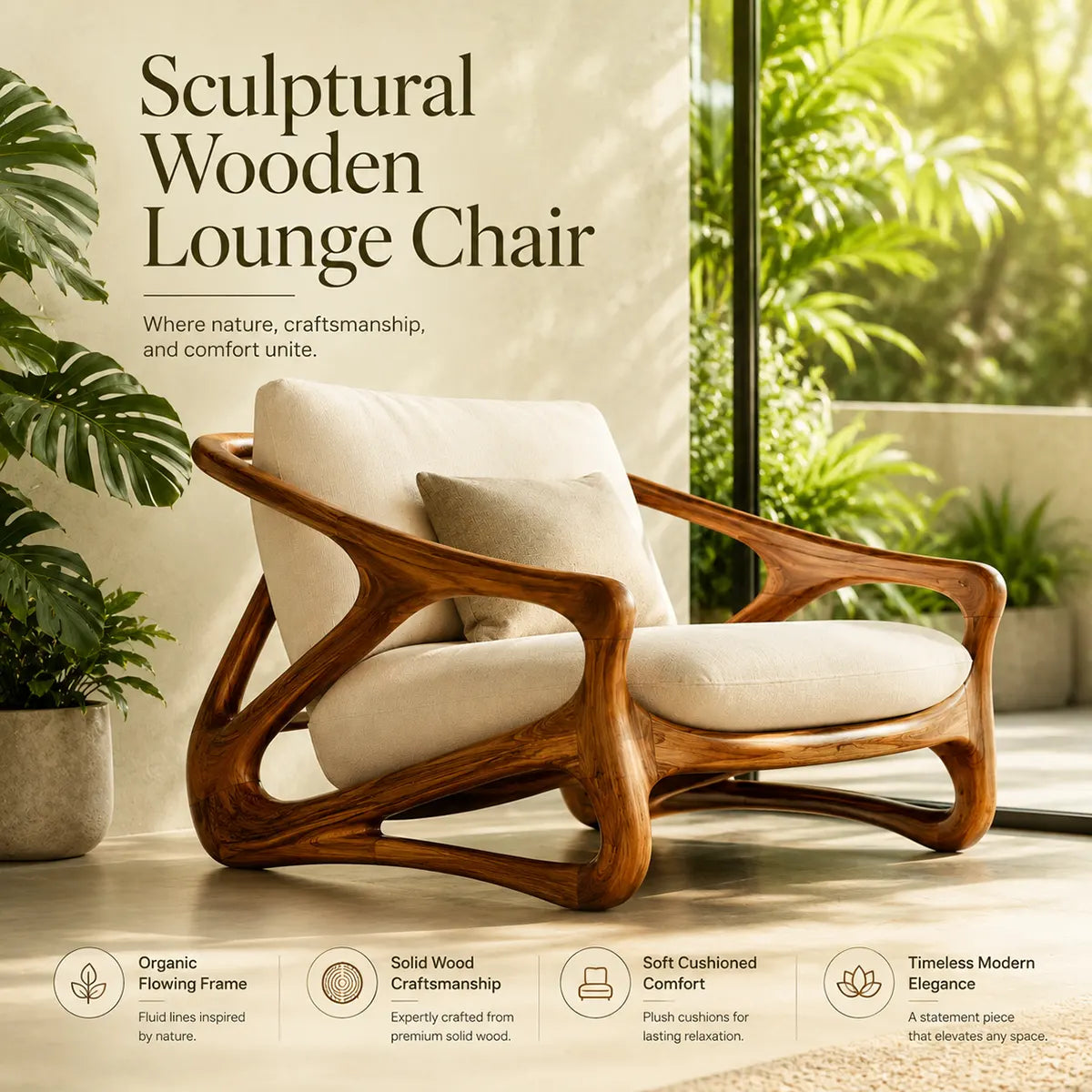 Organic Modern Solid Wood Lounge Chair | Sculptural Wooden Chair for Luxury Living Rooms TT006-5708