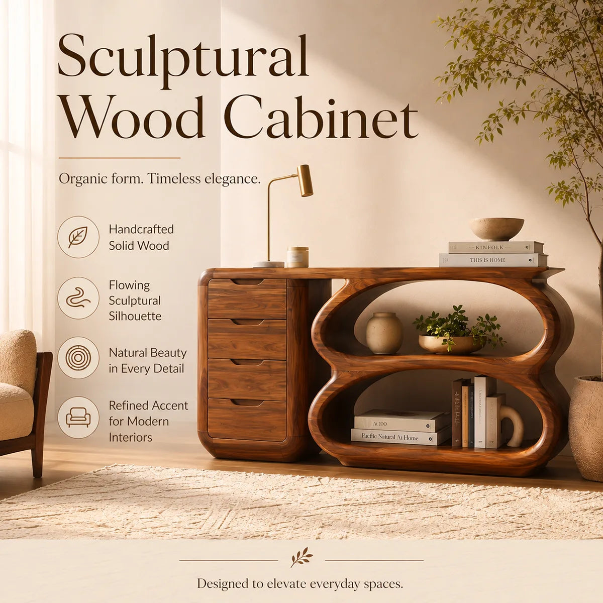 Modern Organic Storage Console Table with Drawers & Open Shelves | Solid Wood Entryway Console TT006-4338