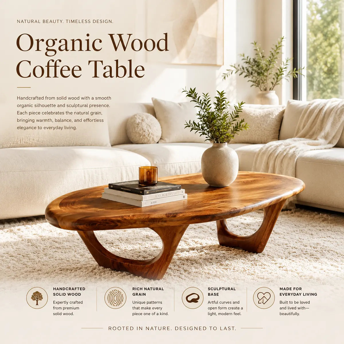 Modern Organic Coffee Table | Sculptural Oval Cocktail Table for Contemporary Living Room TT006-2224