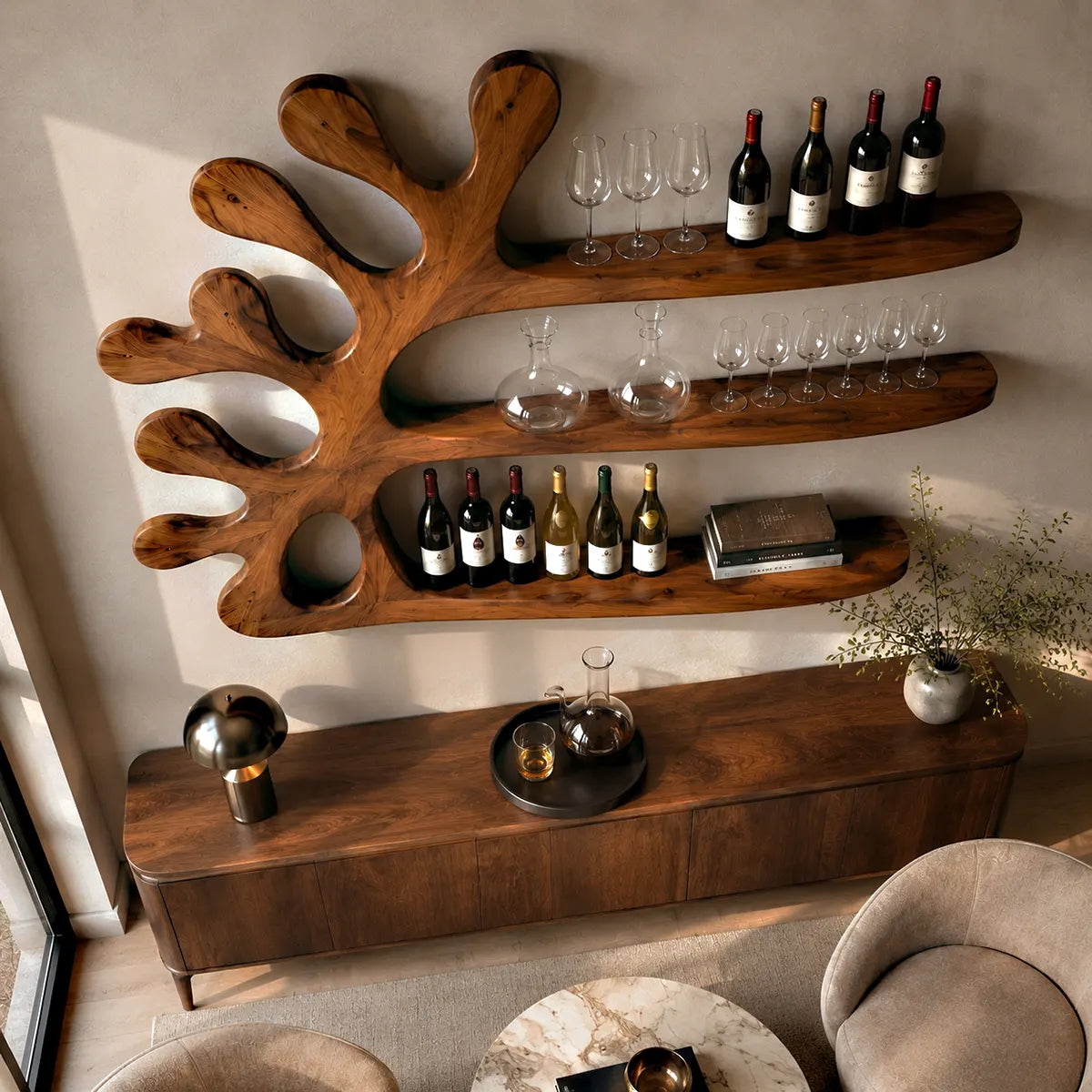 Sculptural Solid Wood Tree Wall Wine Rack for Home Bars & Wine Lovers TT006-9897