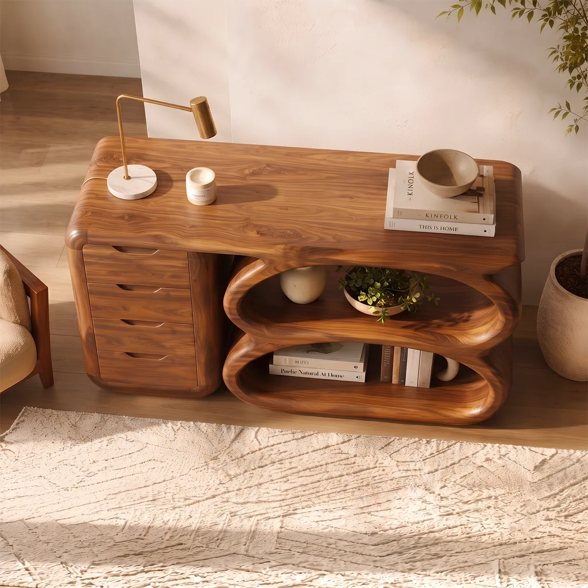 Modern Organic Storage Console Table with Drawers & Open Shelves | Solid Wood Entryway Console TT006-4338