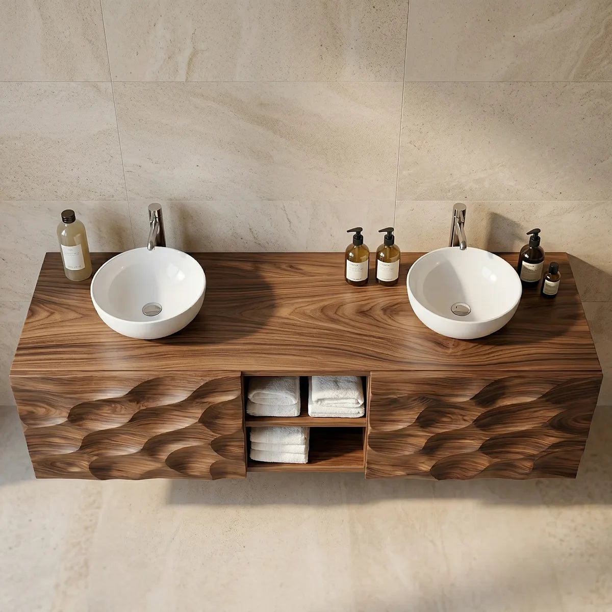 Floating Solid Wood Bathroom Vanity with Carved Doors and Open Center Shelf