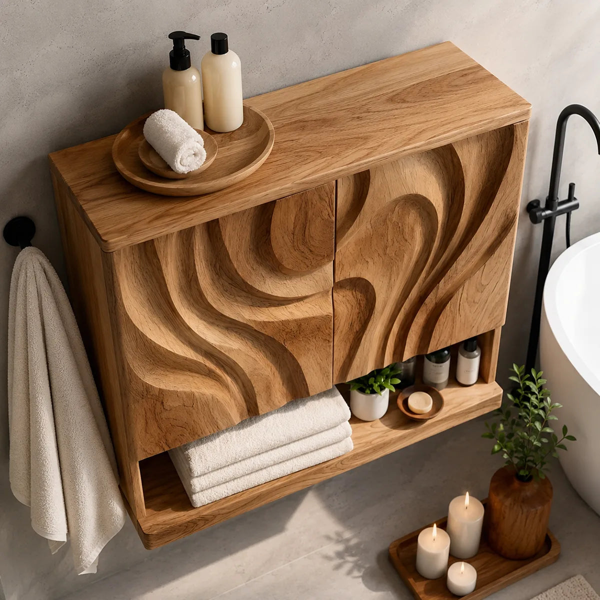 Solid Wood Floating Wall Cabinet Handcrafted Wave Front Bathroom Storage Cabinet
