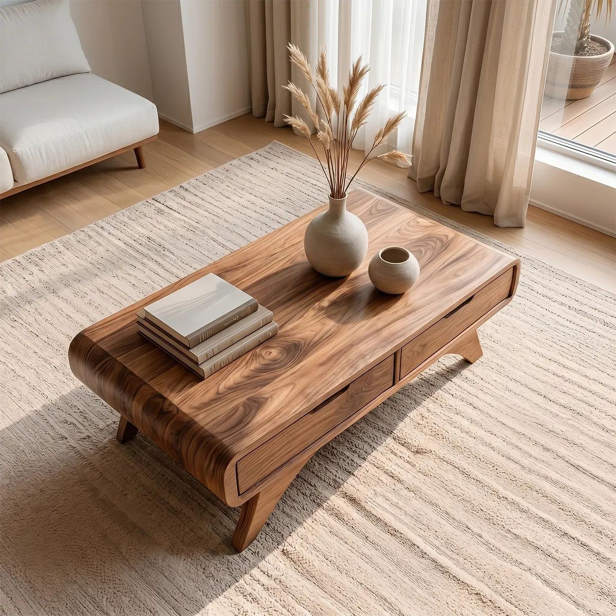 Mid Century Modern Solid Wood Coffee Table with Storage Drawers