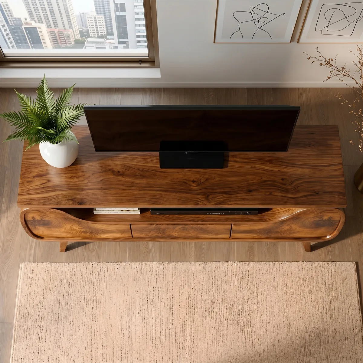 Mid Century Modern Solid Wood Sculptural TV Stand
