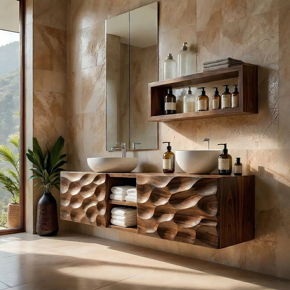 Floating Solid Wood Bathroom Vanity with Carved Doors and Open Center Shelf
