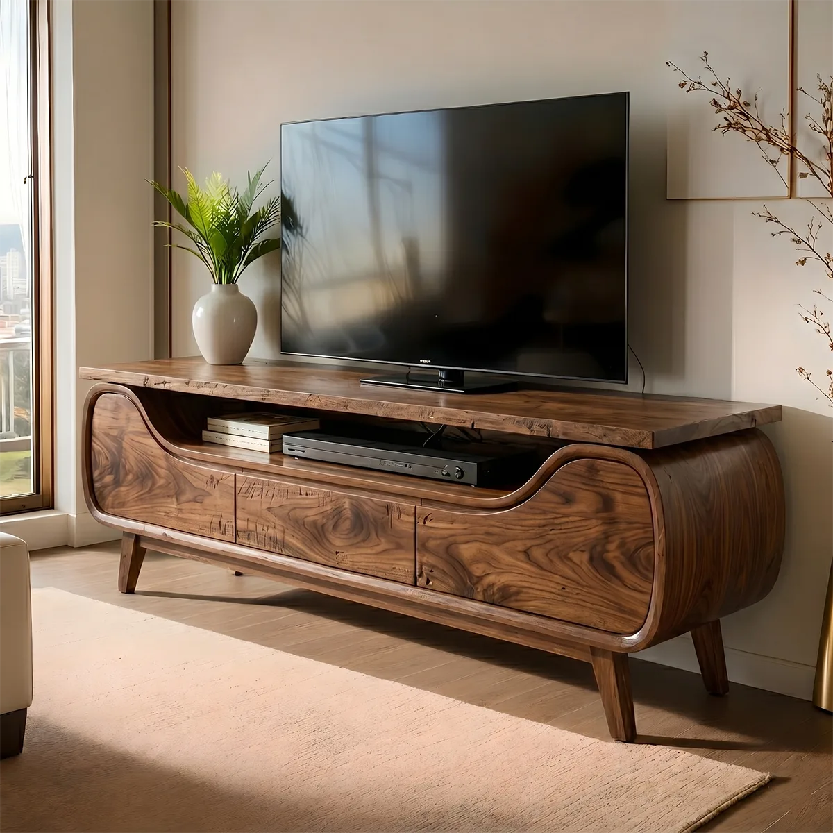 Mid Century Modern Solid Wood Sculptural TV Stand