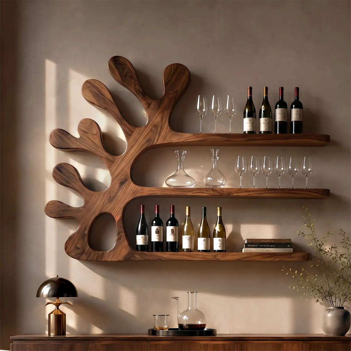 Sculptural Solid Wood Tree Wall Wine Rack for Home Bars & Wine Lovers TT006-9897