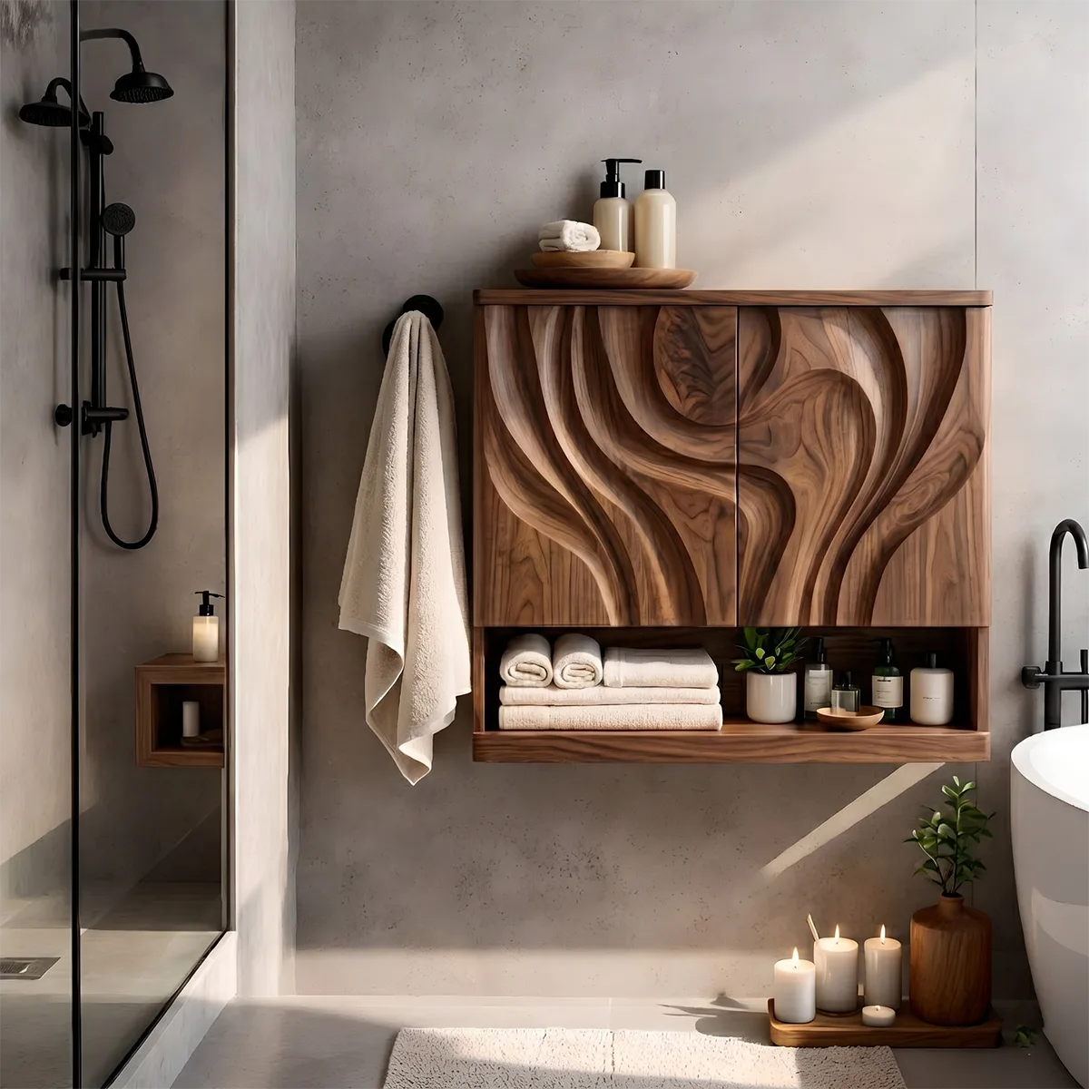Solid Wood Floating Wall Cabinet Handcrafted Wave Front Bathroom Storage Cabinet