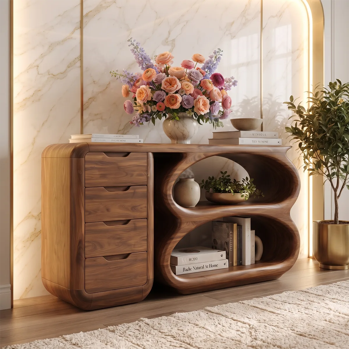Modern Organic Storage Console Table with Drawers & Open Shelves | Solid Wood Entryway Console TT006-4338