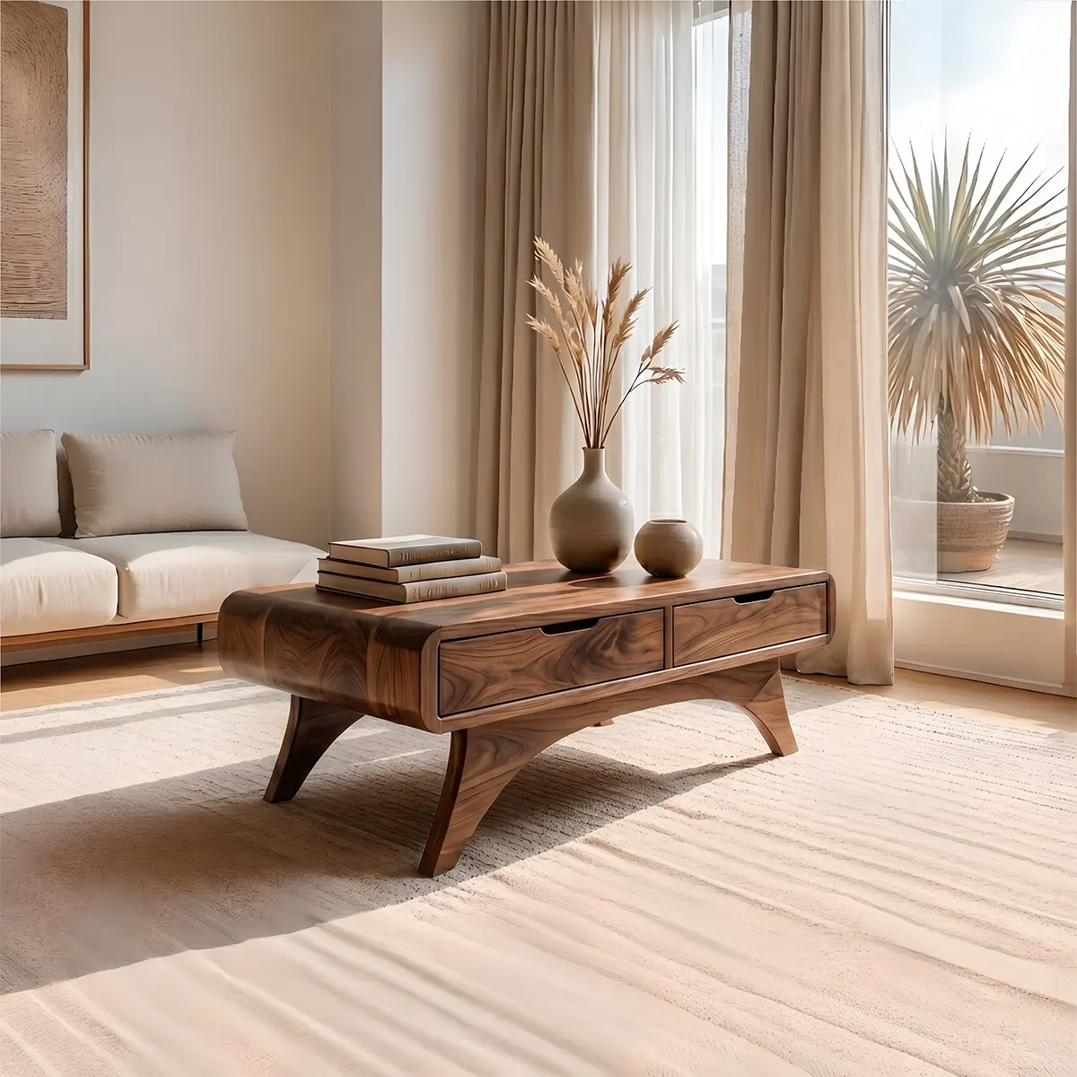 Mid Century Modern Solid Wood Coffee Table with Storage Drawers