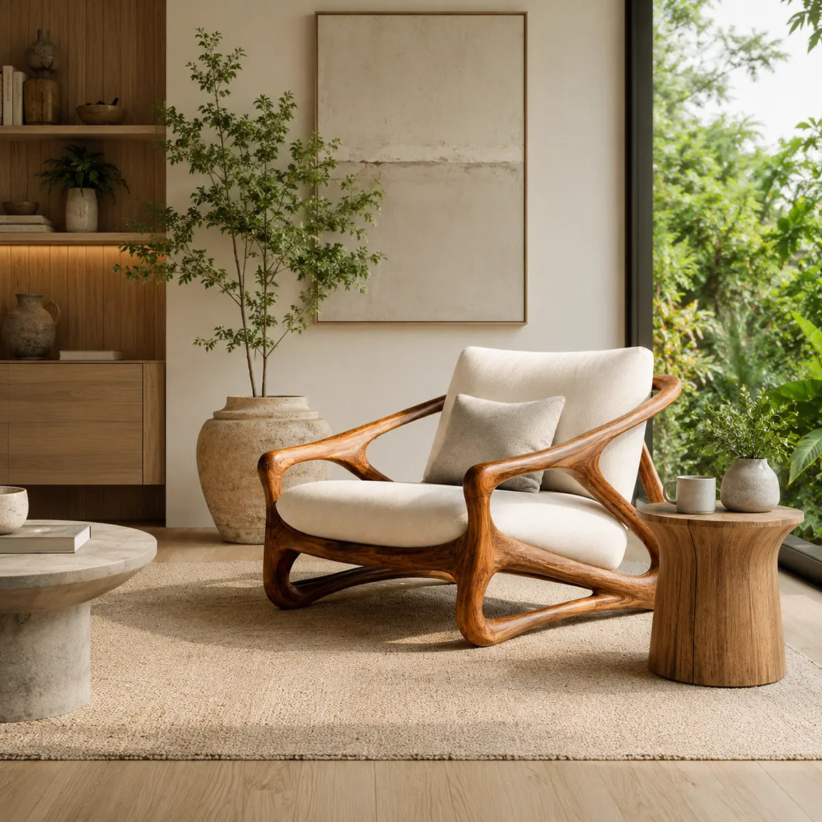 Organic Modern Solid Wood Lounge Chair | Sculptural Wooden Chair for Luxury Living Rooms TT006-5708