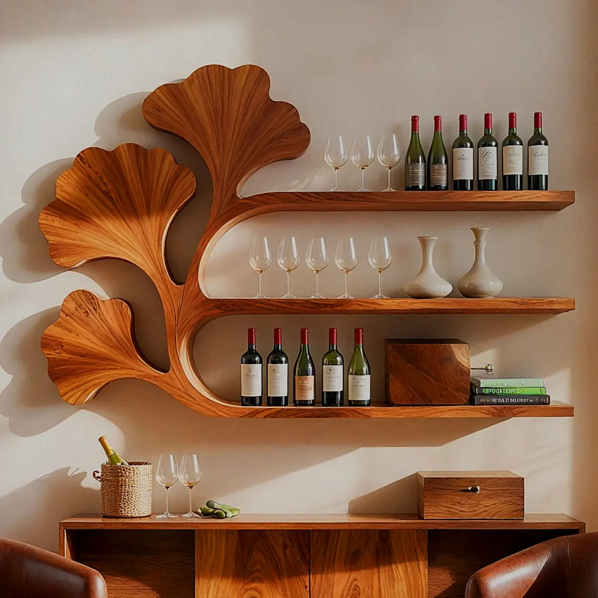 Ginkgo Grove Solid Wood Wall Wine Rack for Artful Dining Rooms & Wine Collectors TT006-2714