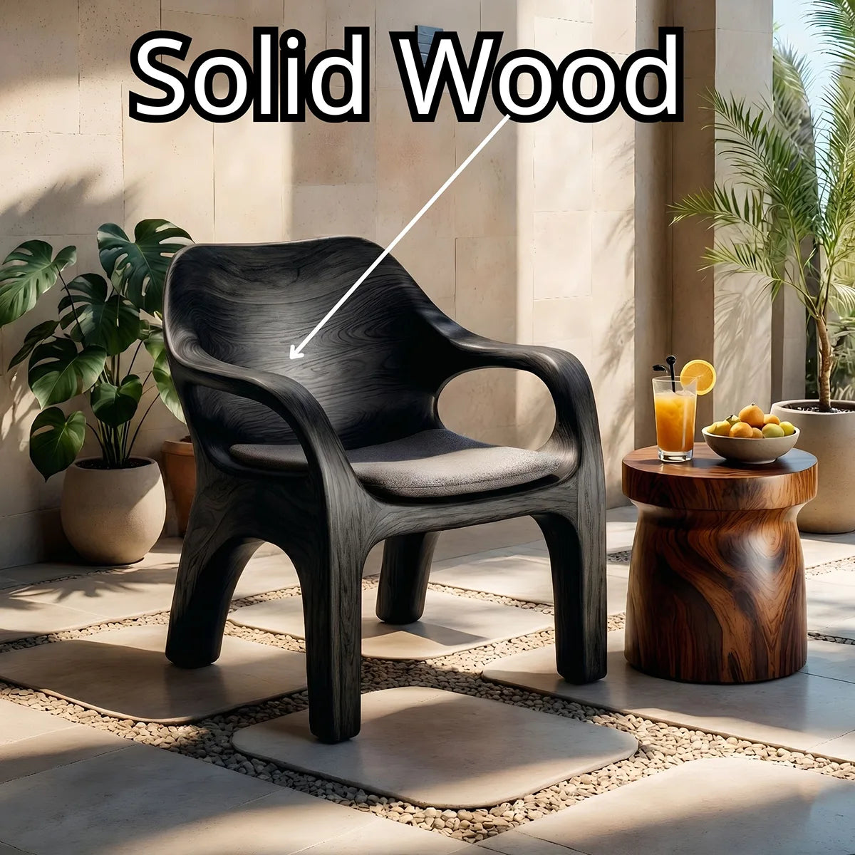 Handcrafted Solid Wood Lounge Chair Sculpted Organic Accent Chair with Armrests