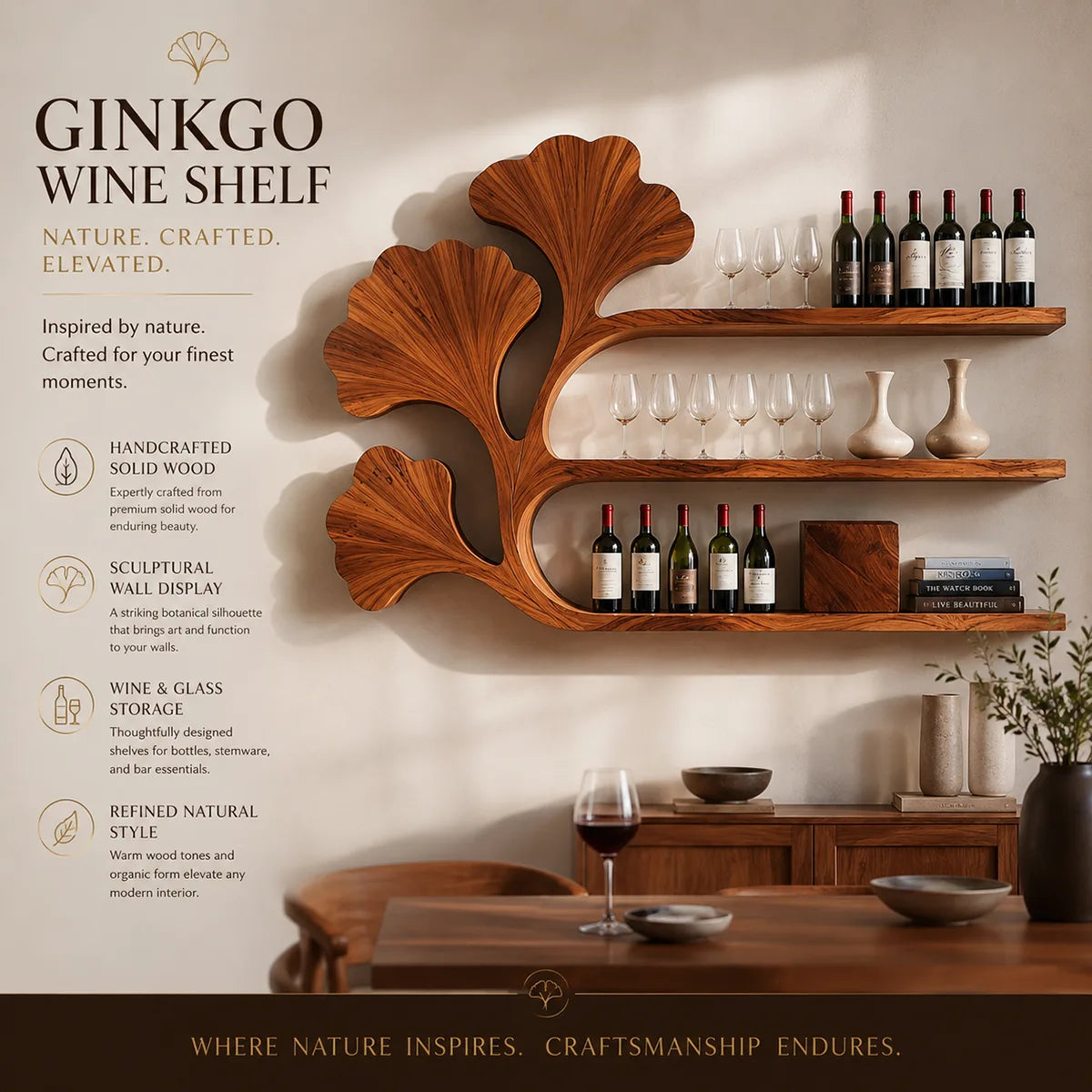 Ginkgo Grove Solid Wood Wall Wine Rack for Artful Dining Rooms & Wine Collectors TT006-2714