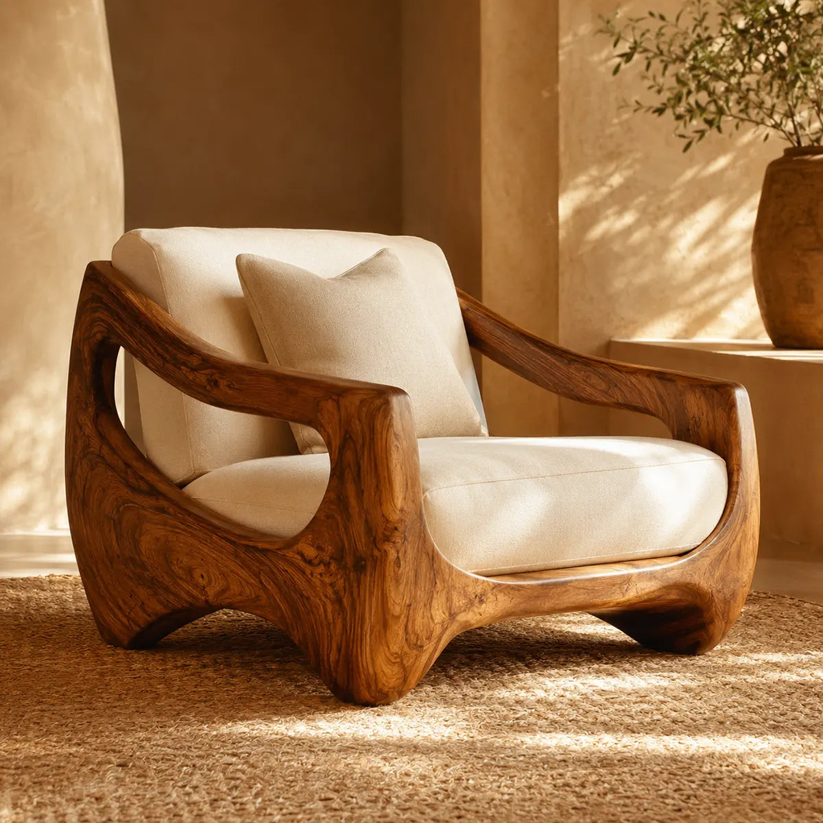 Organic Modern Solid Wood Lounge Chair | Handcrafted Sculptural Wooden Accent Chair TT006-8588
