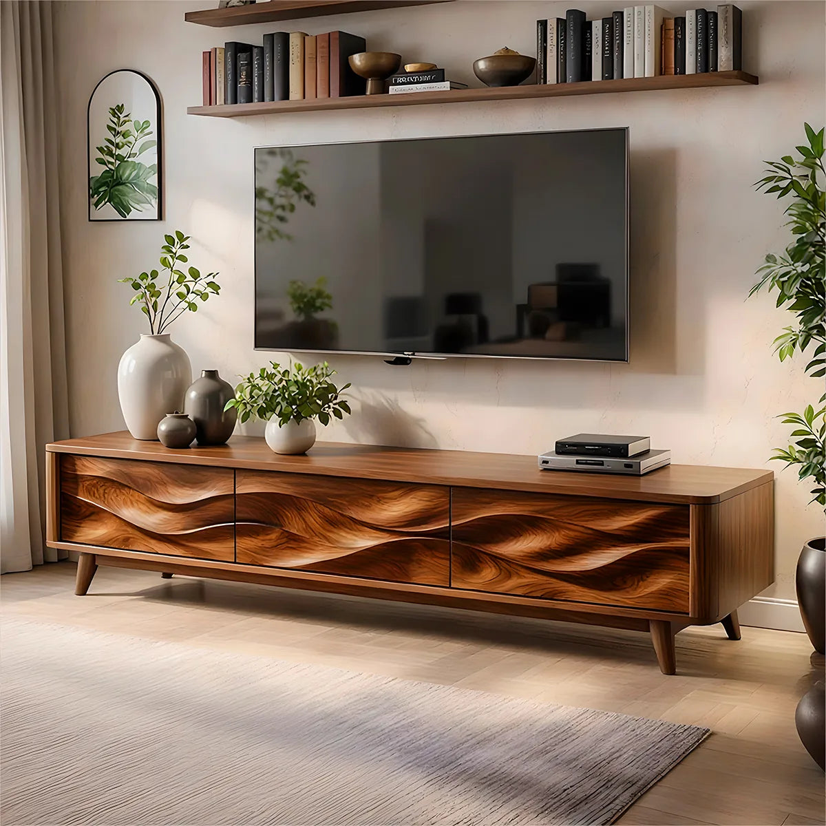 Mid Century Modern Solid Wood 3 Door Wavy Carved TV Stand