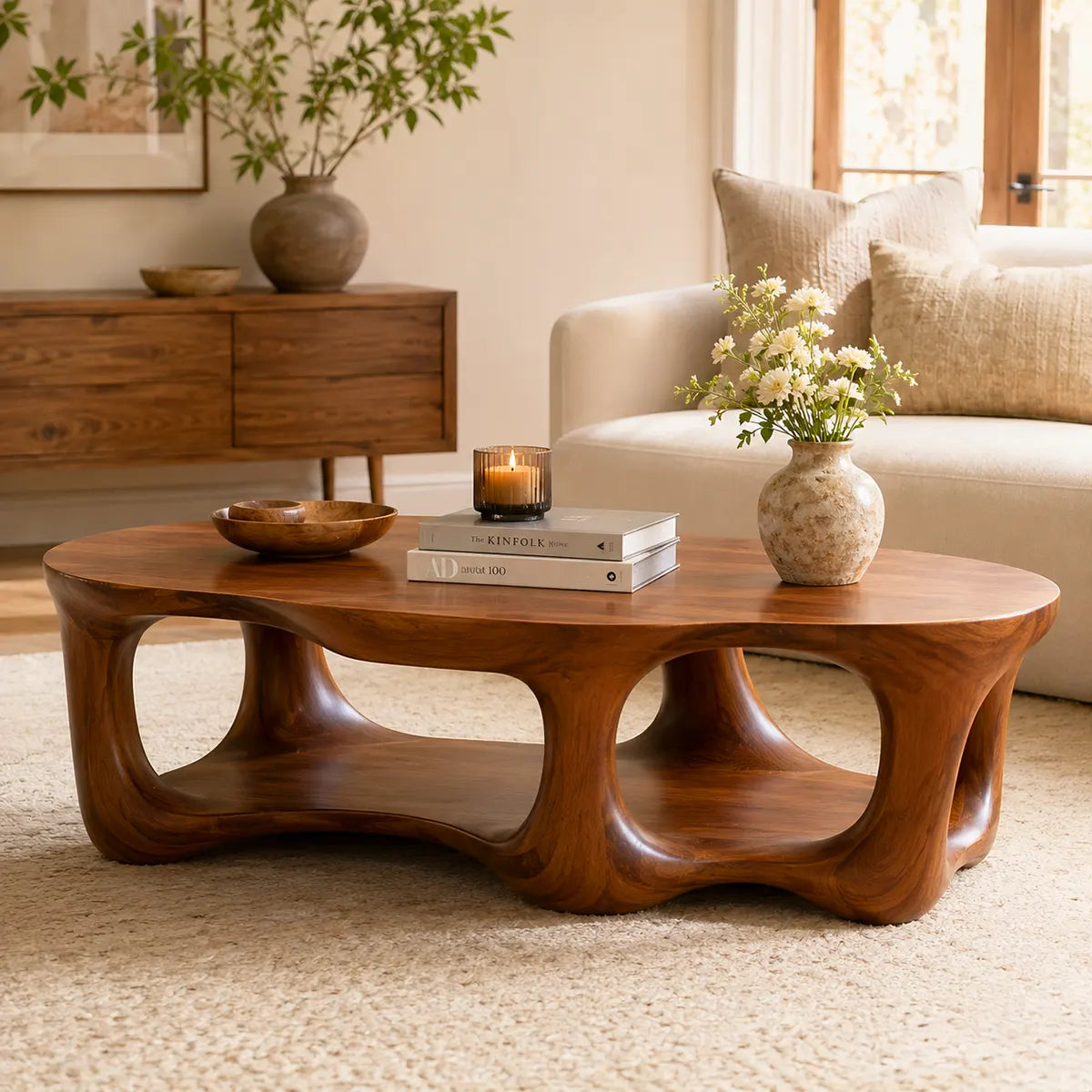 Sculptural Organic Coffee Table with Open Lower Shelf | Modern Living Room Center Table TT006-3VXG8WB