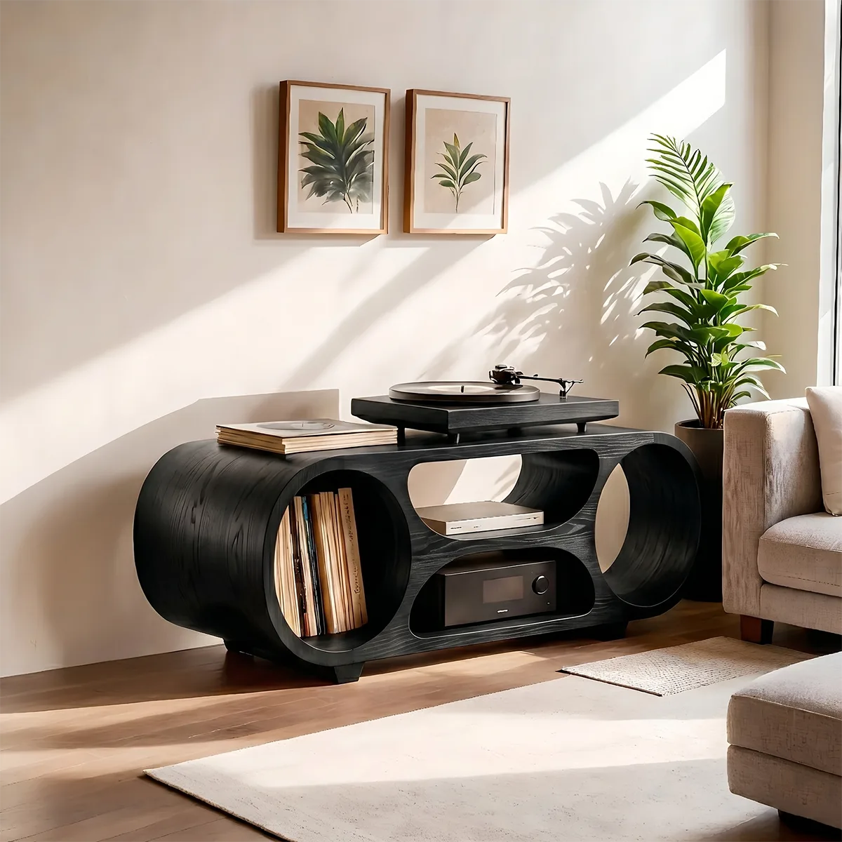 Solid Wood Record Player Stand, Modern Media Console with Vinyl Storage Shelves