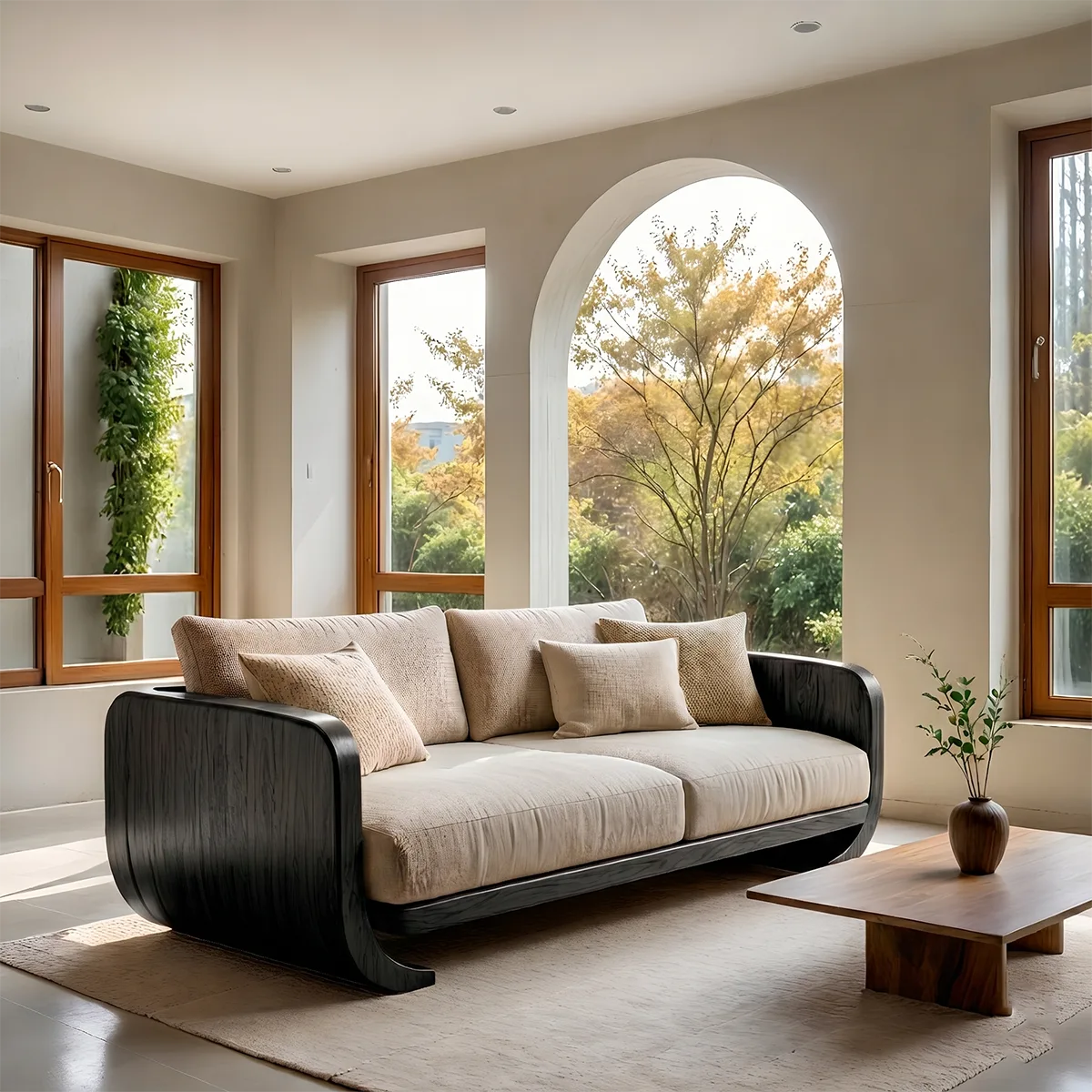 Luxury Organic Modern Wooden Sofa with Curved Sculptural Armrests