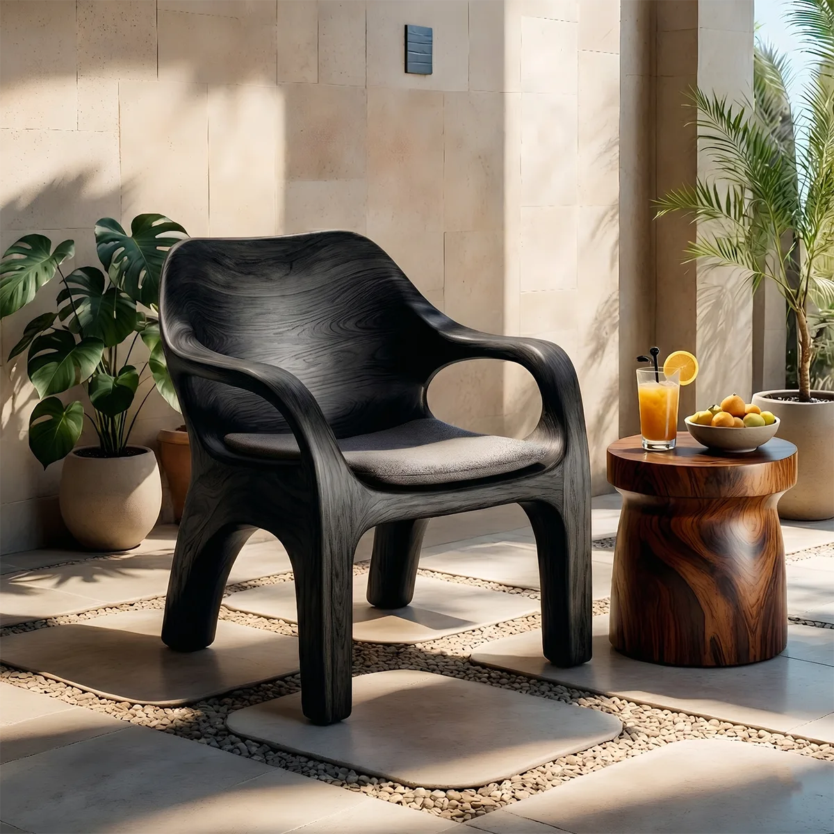 Handcrafted Solid Wood Lounge Chair Sculpted Organic Accent Chair with Armrests
