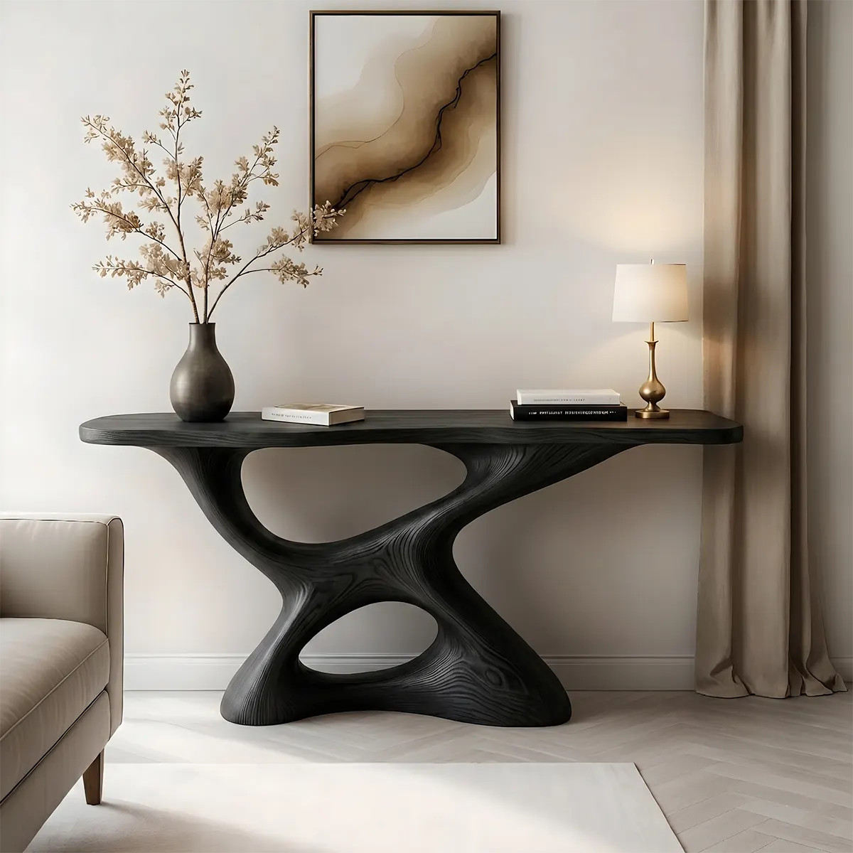 Luxury Wood Console Table, Curved Base Entryway Table, Artistic Hallway Sofa Table for Living Room