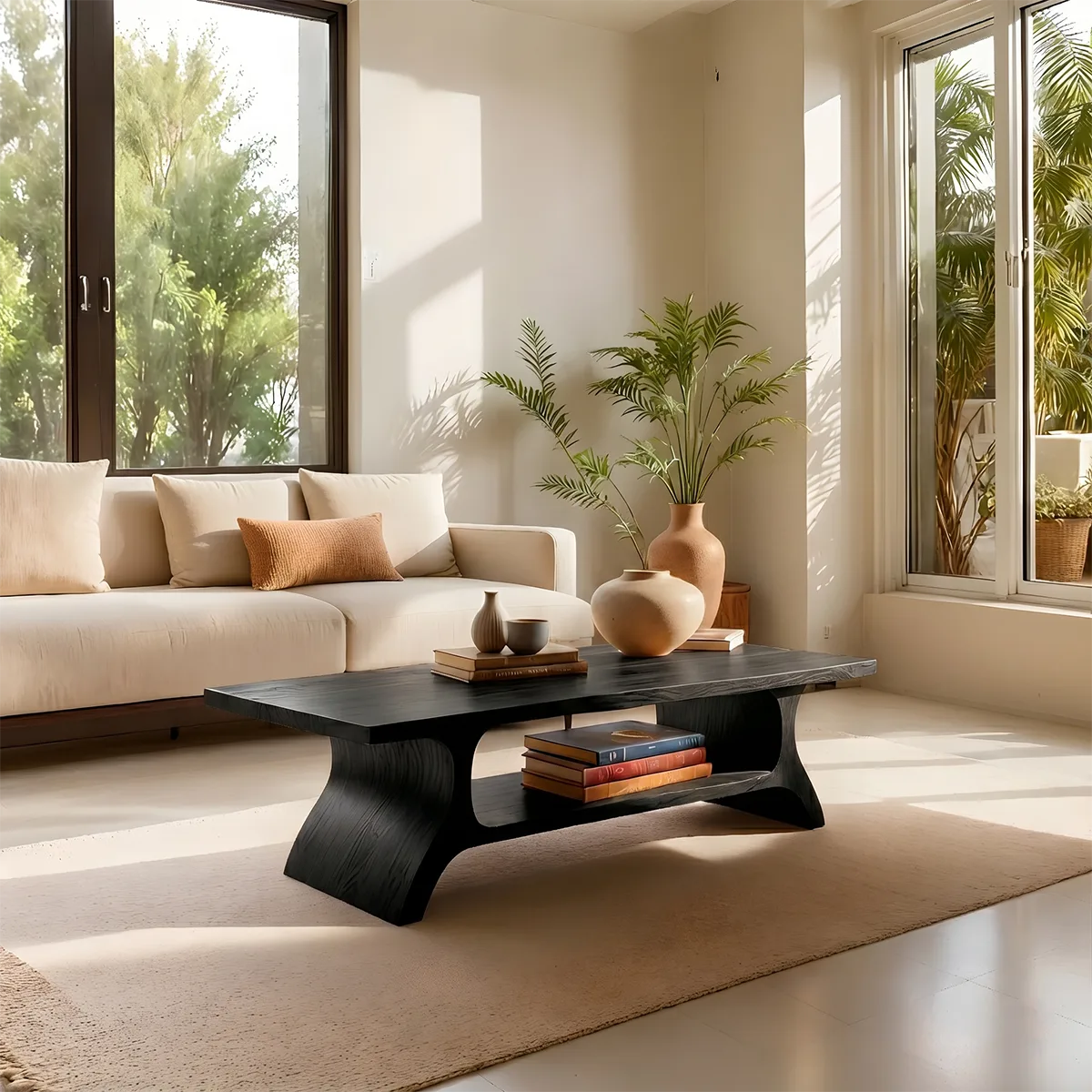 Handcrafted Solid Wood Coffee Table with Sculptural Curved Base and Open Shelf