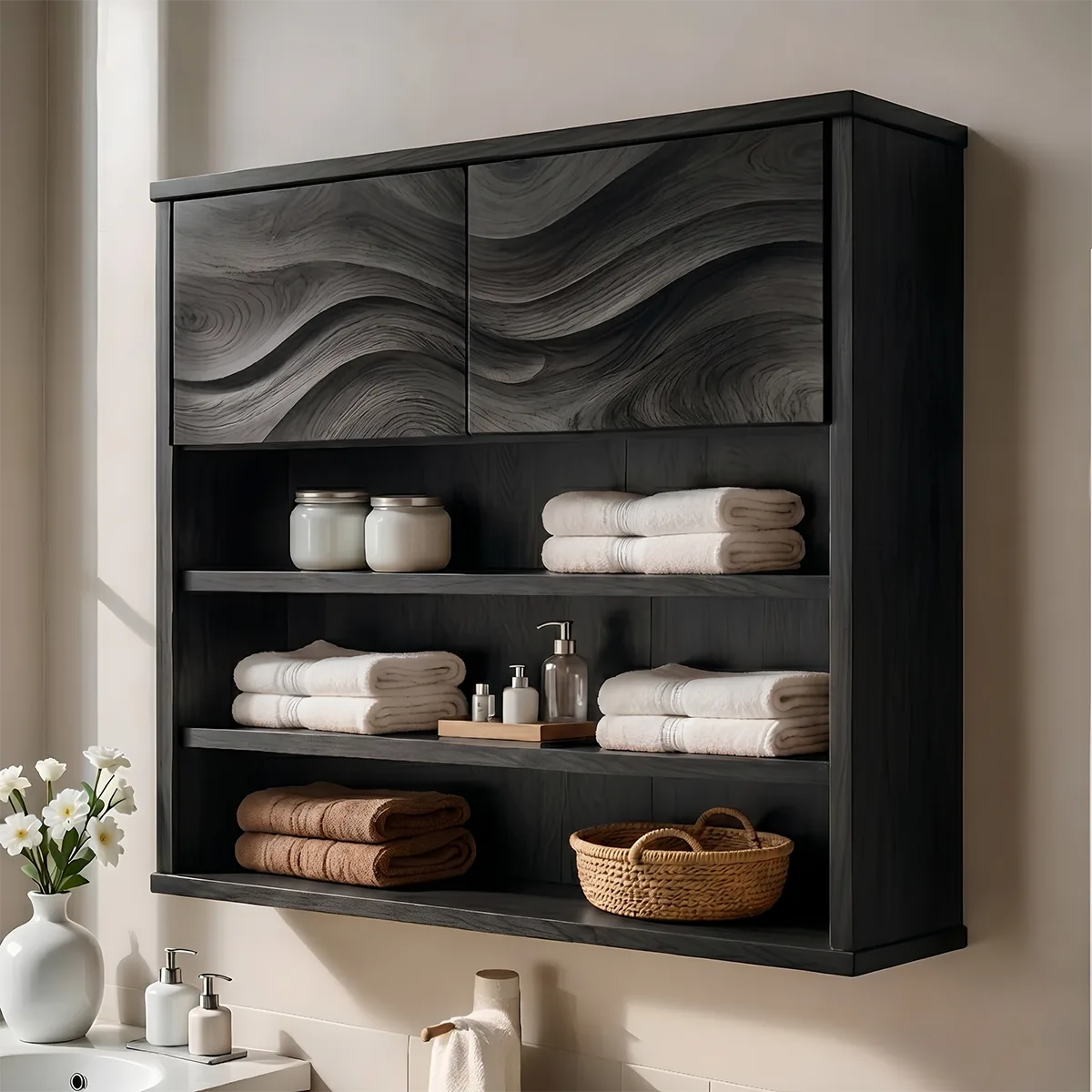 Solid Wood Wall Storage Cabinet Handcrafted Wave Panel Bathroom Cabinet