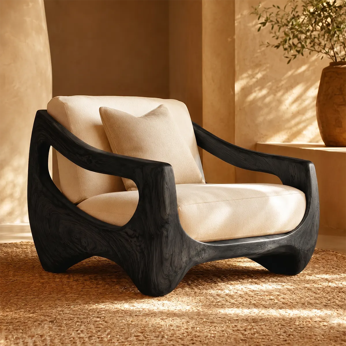 Organic Modern Solid Wood Lounge Chair | Handcrafted Sculptural Wooden Accent Chair TT006-8588