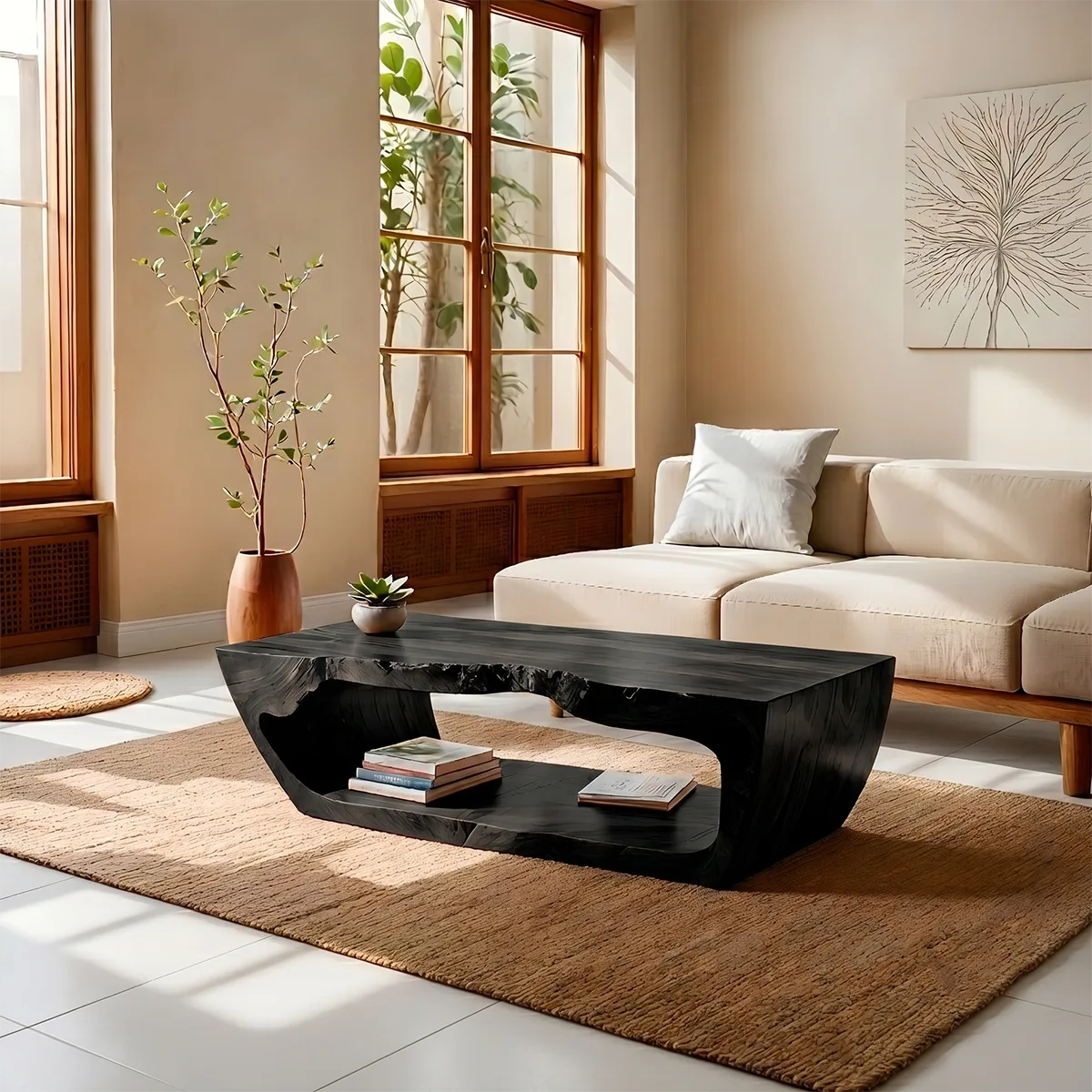 Live Edge Solid Wood Coffee Table with Shelf – Handcrafted Rustic Modern Table