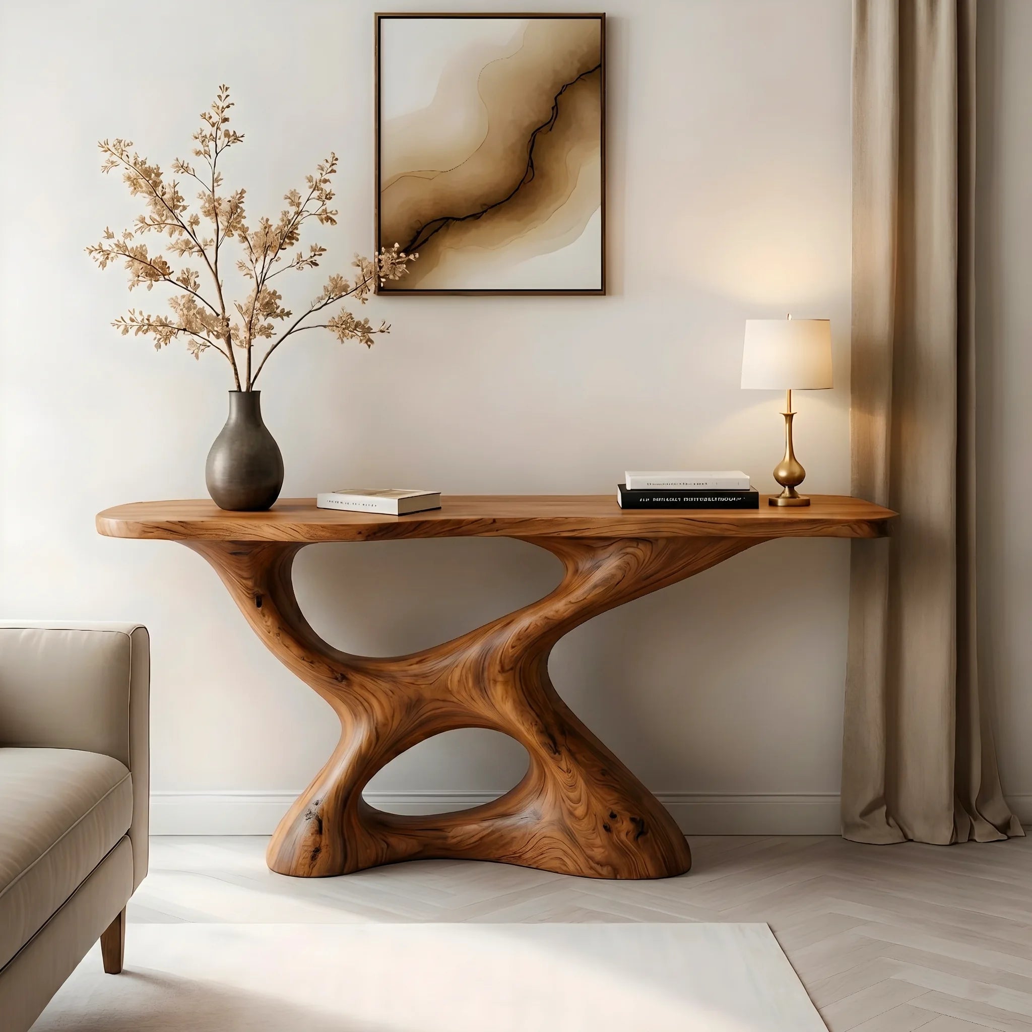 Luxury Wood Console Table, Curved Base Entryway Table, Artistic Hallway Sofa Table for Living Room