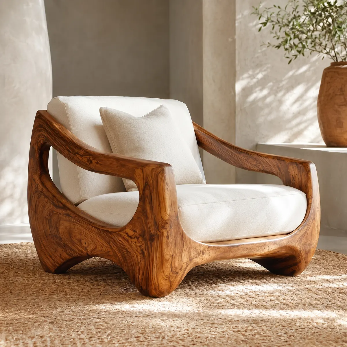 Organic Modern Solid Wood Lounge Chair | Handcrafted Sculptural Wooden Accent Chair TT006-8588