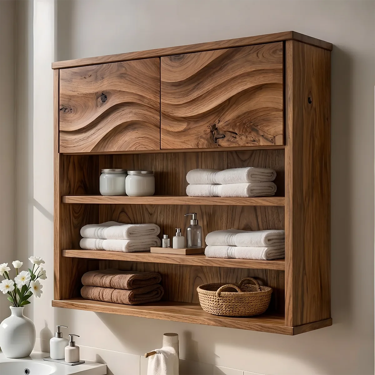 Solid Wood Wall Storage Cabinet Handcrafted Wave Panel Bathroom Cabinet