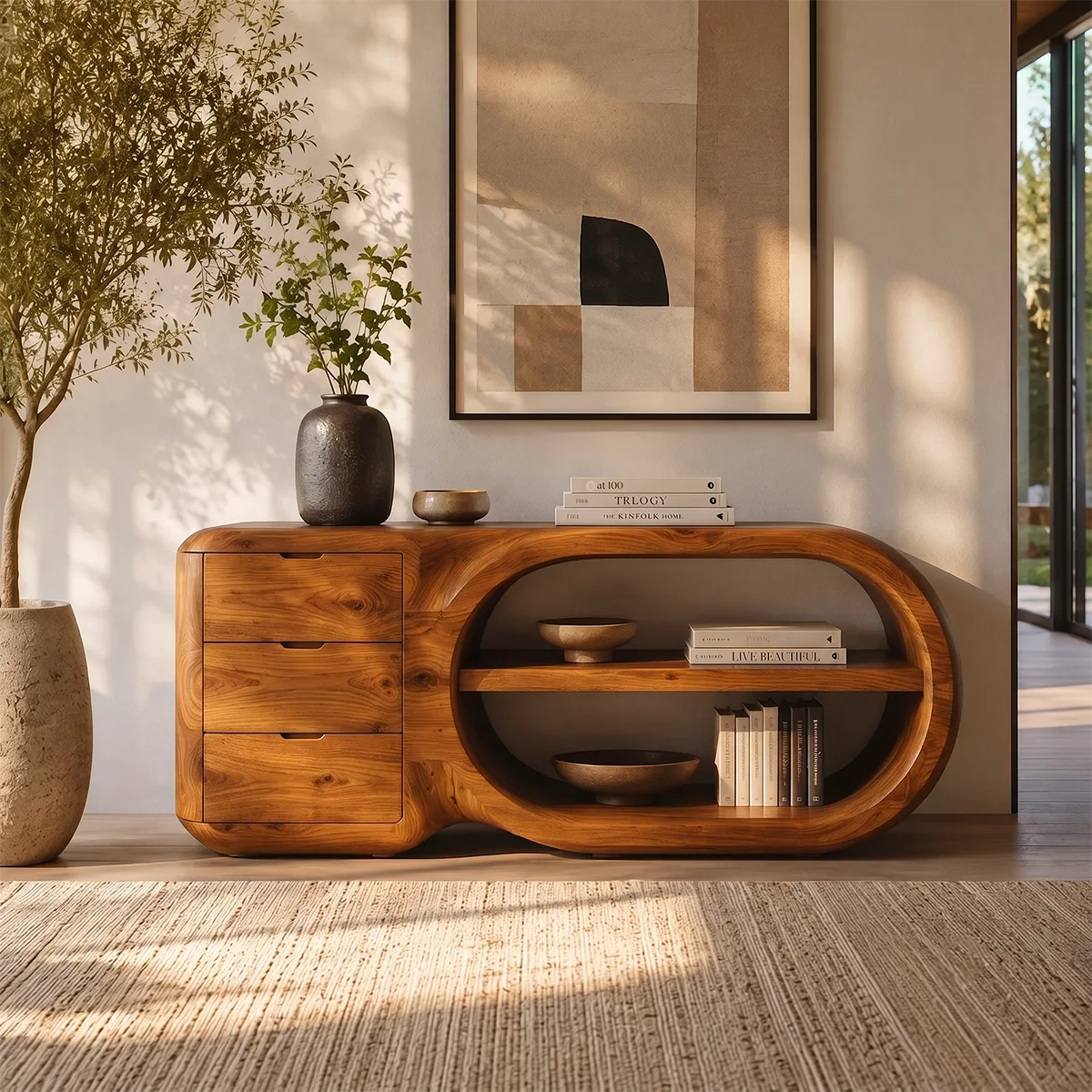 Modern Organic Storage Console Table with 3 Drawers & Open Shelves | Solid Wood Entryway Console TT006-8204