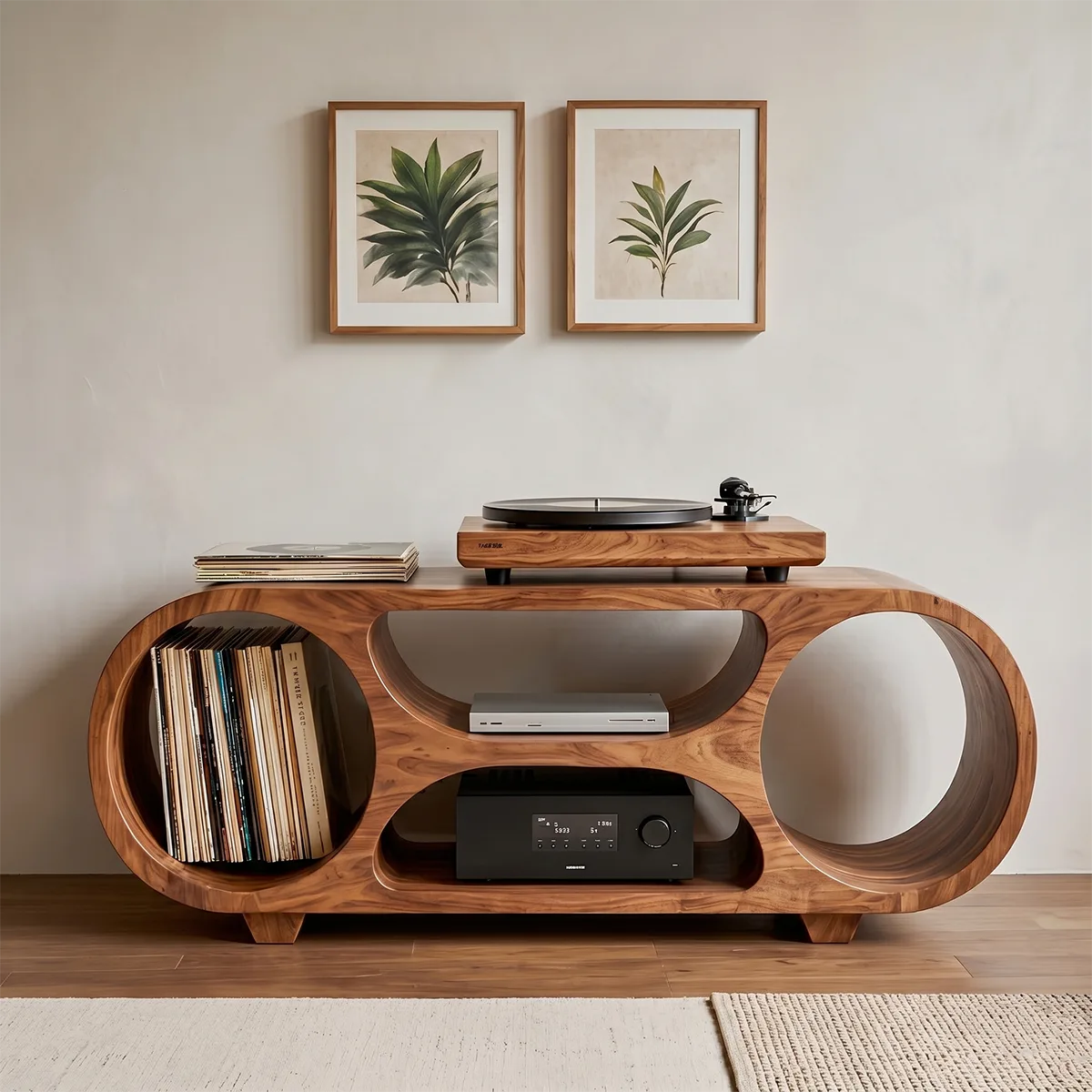 Solid Wood Record Player Stand, Modern Media Console with Vinyl Storage Shelves