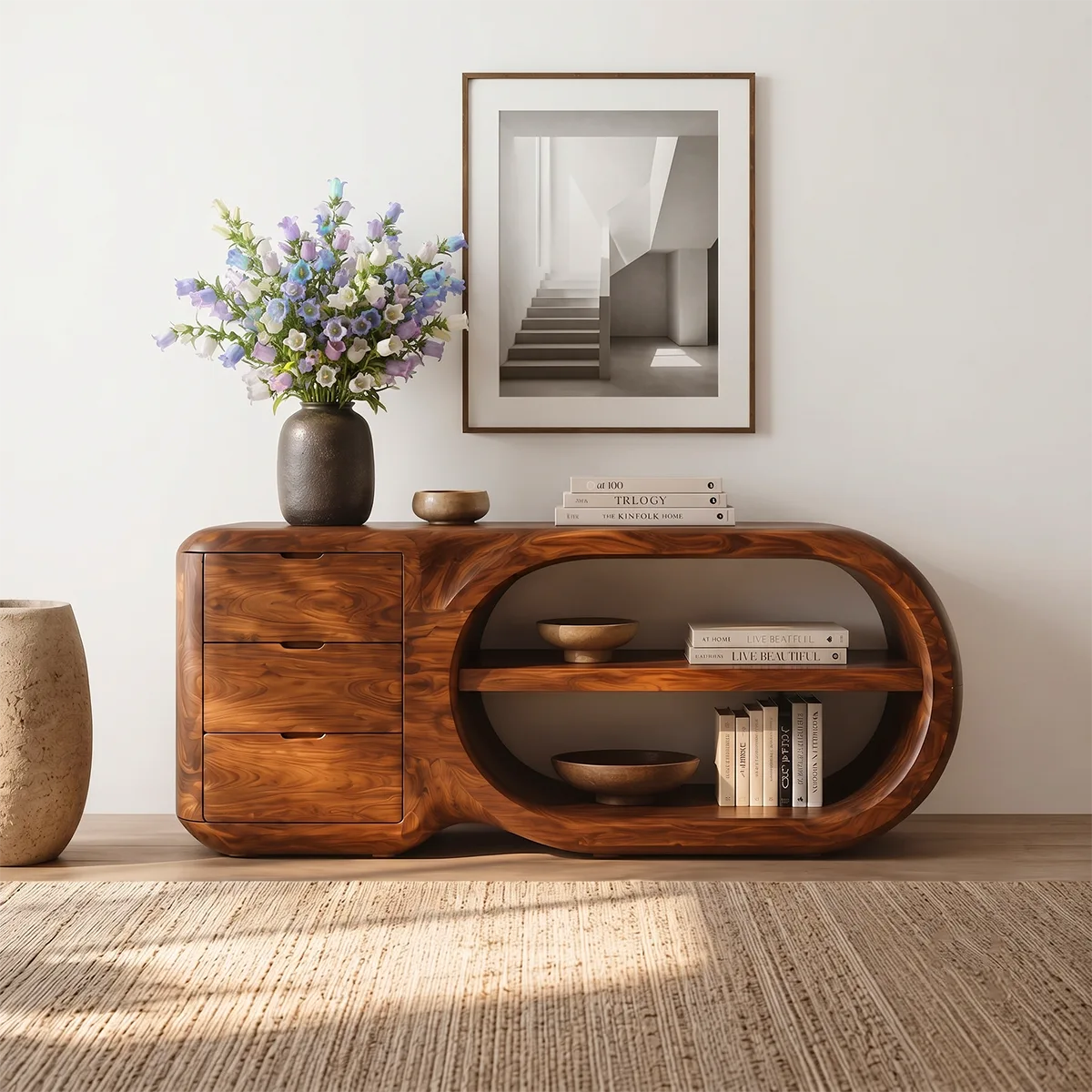 Modern Organic Storage Console Table with 3 Drawers & Open Shelves | Solid Wood Entryway Console TT006-8204