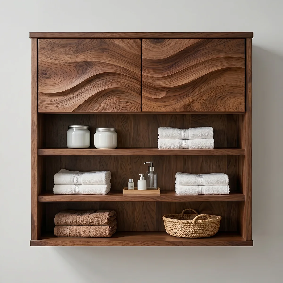 Solid Wood Wall Storage Cabinet Handcrafted Wave Panel Bathroom Cabinet