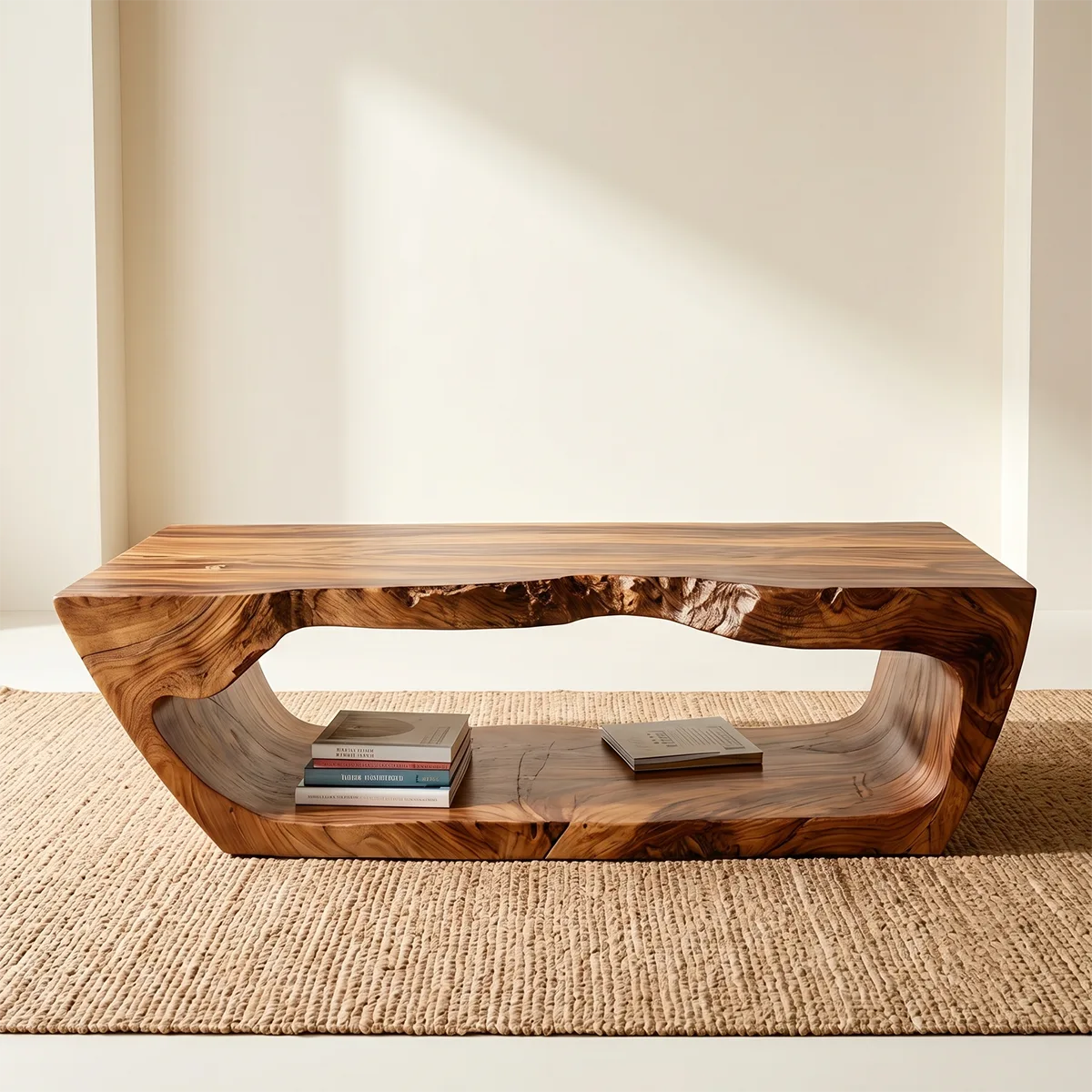 Live Edge Solid Wood Coffee Table with Shelf – Handcrafted Rustic Modern Table
