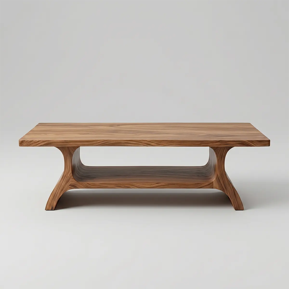 Handcrafted Solid Wood Coffee Table with Sculptural Curved Base and Open Shelf