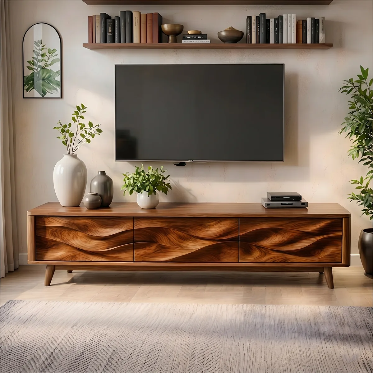 Mid Century Modern Solid Wood 3 Door Wavy Carved TV Stand