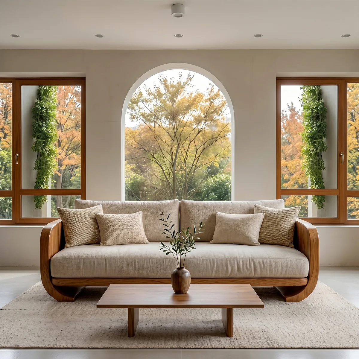 Luxury Organic Modern Wooden Sofa with Curved Sculptural Armrests