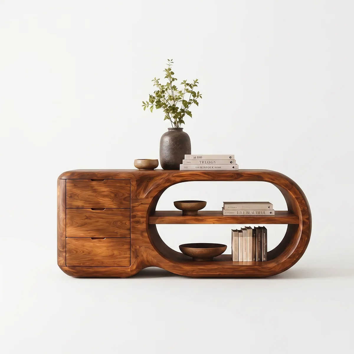 Modern Organic Storage Console Table with 3 Drawers & Open Shelves | Solid Wood Entryway Console TT006-8204
