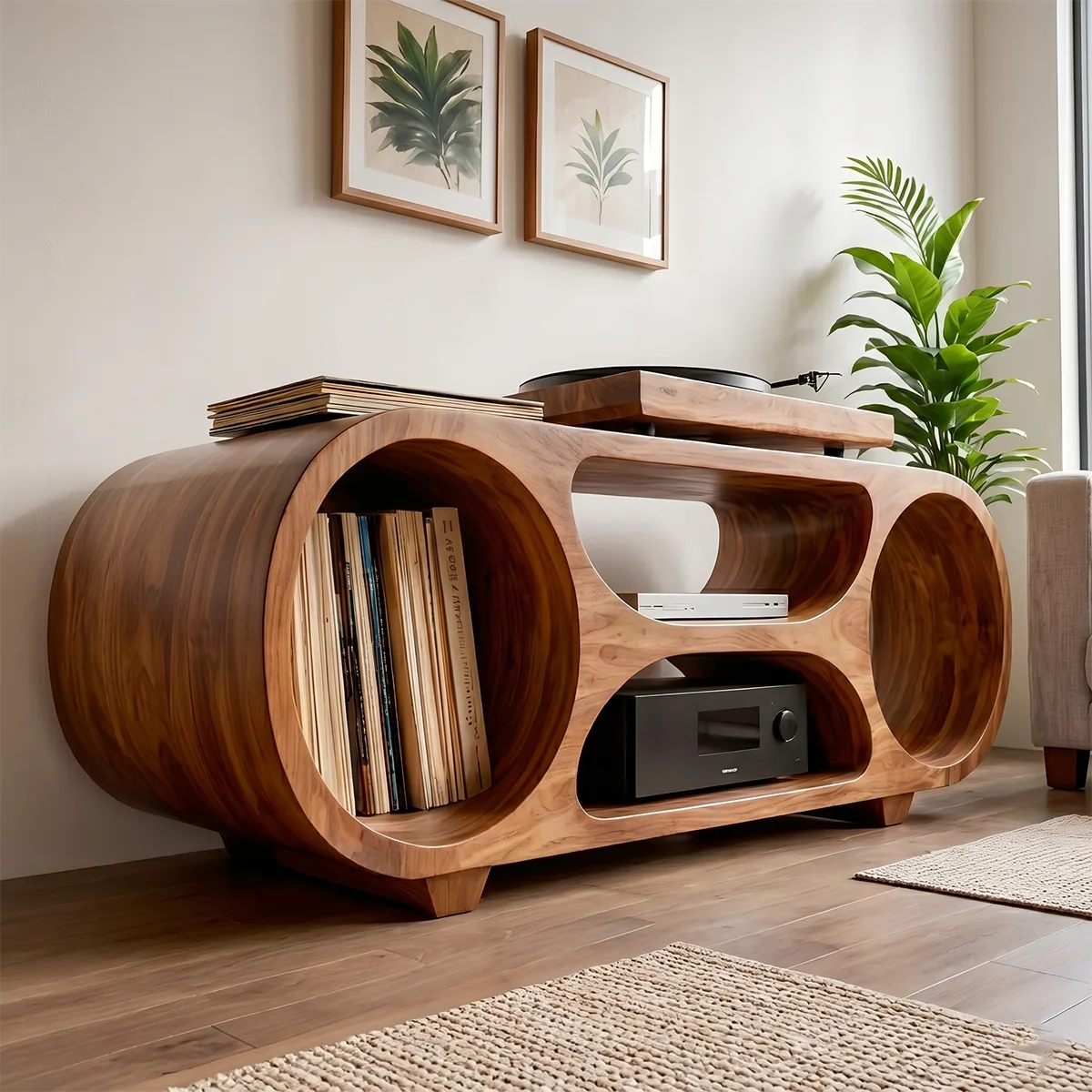 Solid Wood Record Player Stand, Modern Media Console with Vinyl Storage Shelves