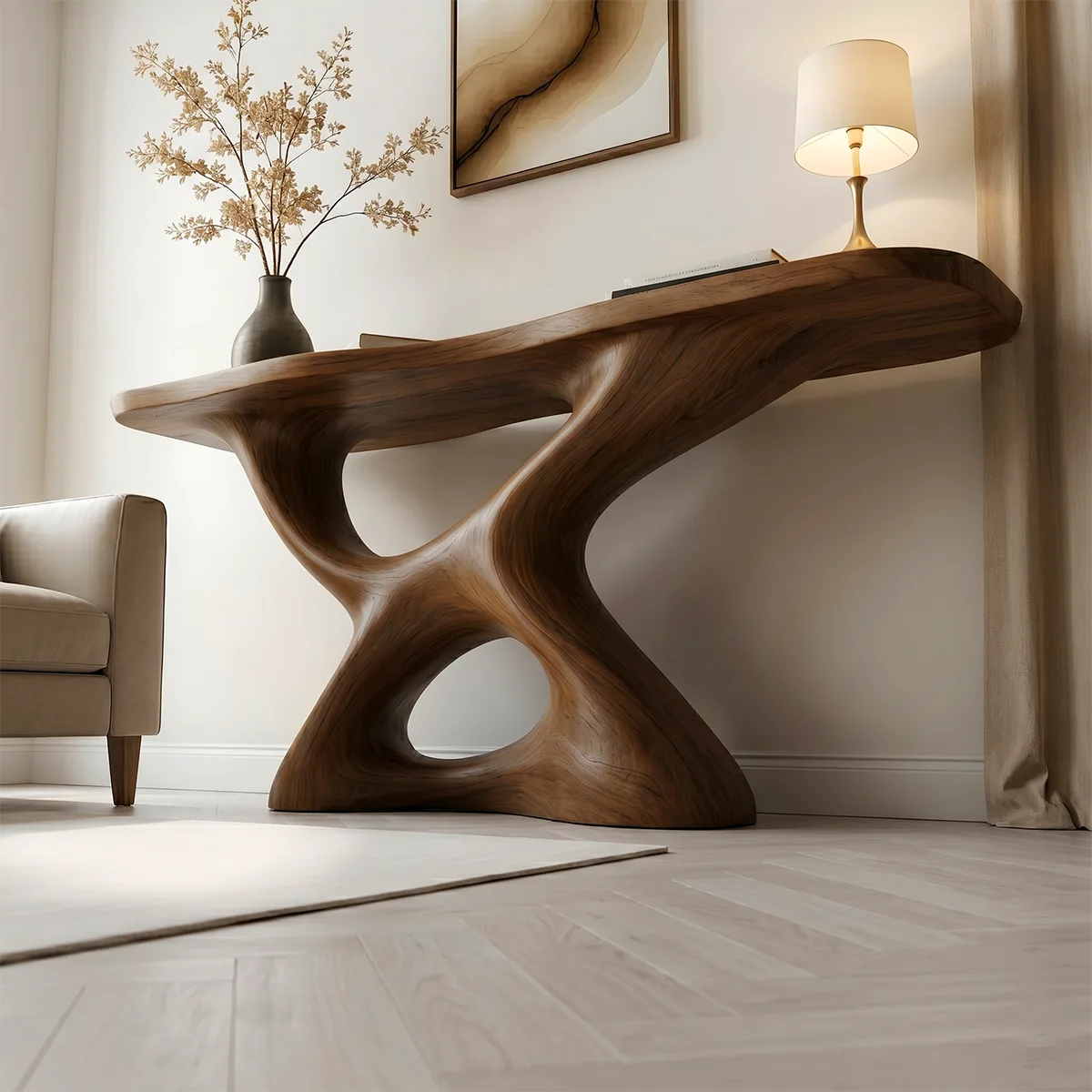 Luxury Wood Console Table, Curved Base Entryway Table, Artistic Hallway Sofa Table for Living Room